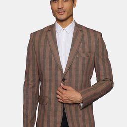 Wintage Men Brown & Grey Striped Single-Breasted Formal Blazer-56