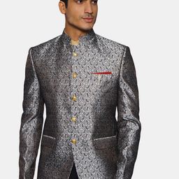 Wintage Men Grey & Black Printed Banarasi Bandhgala Blazer-picture-41