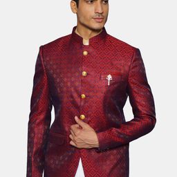 Wintage Men Red & Black Printed Banarasi Bandhgala Blazer-14