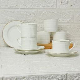 Pack of 6 Ceramic Indian ceramic Gold Line Square Cut White Tea Cups, capacity-200 ml - Set of 6-image-0