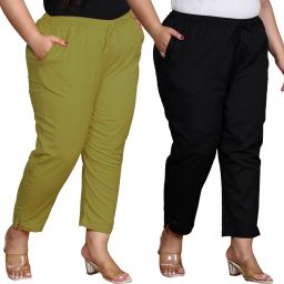 Pack of 2 Women Regular Fit Green, Black Pure Cotton Trousers-image-78