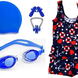 Printed Girls Swim-dress Multicolor Swimsuit with Swimming Combo (4-5 Years) Swimming Kit-image-1