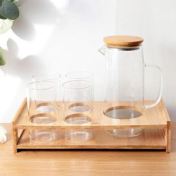 Glass Jug Set with Bamboo Tray and 4 Water Glasses | Bamboo Lid |Ideal Gift Jug Glass Set-image-12