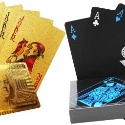 Waterproof PVC Playing Cards Combo | Plastic Playing Set for Game Deck | Gift Poker | Table Cards with Razor Edges and Corners for Classic Magic Tricks Games | Pack of 2 | Colour - (Black and Gold)-13