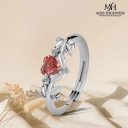 Romantic Leaf Ring with Red Heart Zircon Sterling Silver Cubic Zirconia Rhodium Plated Ring-image-38
