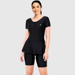 One-Piece Non Paded Freely Women's Swimming Costume In Frock Style, Black Color Solid Women Swim-dress Black Swimsuit-image-15