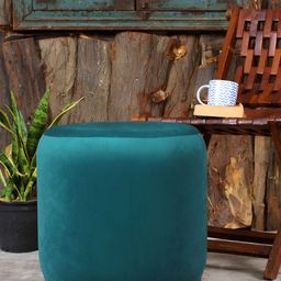 Shadowkart Sea Green Velvet & Wooden Round Ottoman-picture-22
