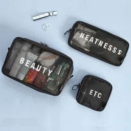HOUSE OF QUIRK Set Of 3 Black Typography Printed Travel Mesh Makeup Bags-7