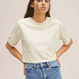 Mango Kids Girls Off-White Solid Drop-Shoulder Sleeves Cotton T-shirt-image-14