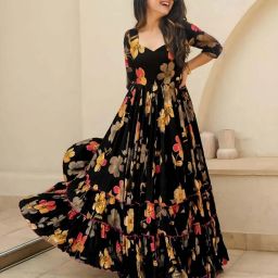 Floral Print Rayon Blend Stitched Flared/A-line Gown-image-71