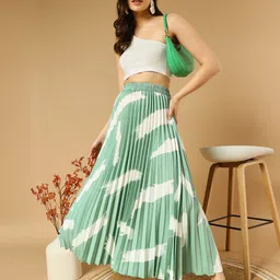 zwerlon Women Printed Pleated Light Green Skirt-picture-32