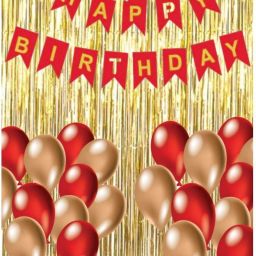 Solid Happy Birthday Red Theme Combo Pack I Party Decor I - Pack of 33 (1 pc Red Bunting Banner + 30 Latex Balloons + 2 Fringe Curtains Golden Balloon-image-53
