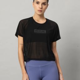 Women Typography Crew Neck Nylon Black T-Shirt-image-124