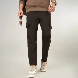 Men Slim Fit Brown Cotton Blend Trousers-picture-2