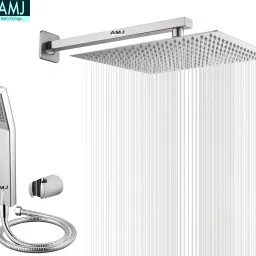 AMJ COMBO of SS304 UltraSlim High Pressure Rainfall Shower Head With Shower Fit Arm HandShower (ABS),SS304 1.5mtr Tube And Hook 8X8+18Inch Arm+HandShower Set)-19
