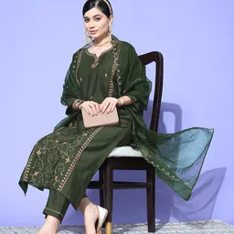 SheWill Women Sequence Zari work Straight Kurta & Trouser with Organza Dupatta image 1