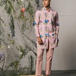 Project Bandi Floral Printed Mandarin Collar Cotton Satin Straight Kurta With Trousers-50