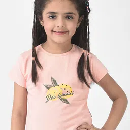 Crimsoune Club Girls Peach-Coloured Cotton Printed Slim Fit T-shirt-image-88