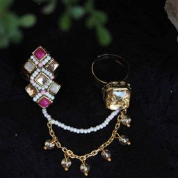 BeAbhika Gold Plated Stones Studded & Beaded Two-Finger Rings-image-5