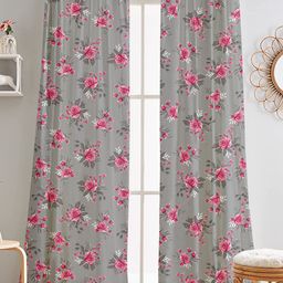 Lushomes 2 Pcs Grey & Pink Floral Black Out Door Curtain-12