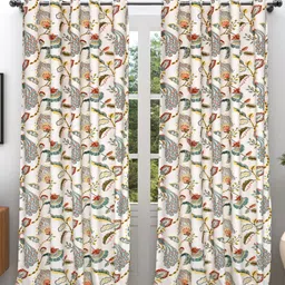 EasyGoods Off White & Green 2 Pieces Floral Printed Black Out Cotton Long Door Curtains-picture-25