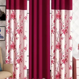 Lunar Days Maroon & White 3 Pieces Floral Room Darkening Long Door Curtains-image-68