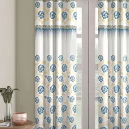 ROMEE White & Blue Floral Jacquard Room Darkening Long Door Curtain-13