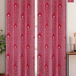 Aura Pink & White 2 Pieces Floral Printed Room Darkening Eyelet Long Door Curtains-image-72