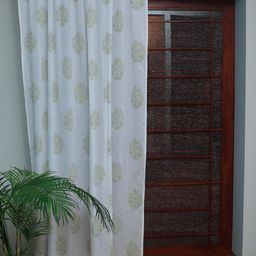 ZEBA Off White & Green Floral Sheer Floral Block Printed Door Curtain-4