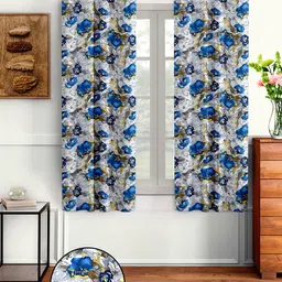 Cortina Grey & Blue Set of 2 Floral Window Curtain-27