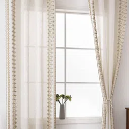 URBAN SPACE Global White & Brown Geometric Embroidered Border Window Curtains-40