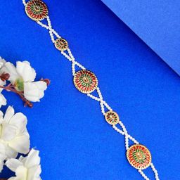 Silvermerc Designs Gold-Plated Red & Green Stone-Studded & Pearl-Beaded Temple Headchain image 4