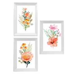 Art Street Set Of 3 White & Peach-Coloured Floral Printed Framed Wall Art image 3