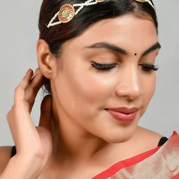 Silvermerc Designs Gold-Plated Red & Green Stone-Studded & Pearl-Beaded Temple Headchain image 1