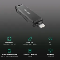 SanDisk iXpand Luxe 256GB Lightning Connector and USB 3.0 (Type-C) Flash Drive (Automatic Backup, SDIX70N-256G-GN6NE, Black) image 3