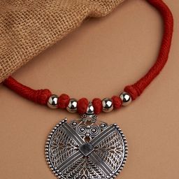 Fida Silver-Toned & Red Silver-Plated Oxidised Necklace-12