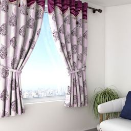 Cortina Off-White & Purple Set of 2 Fancy Valance Leaf Printed Window Curtains-13