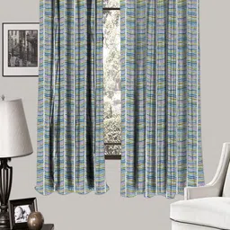 HOUZZCODE Blue & White 2 Pieces Geometric Printed  Room Darkening Window Curtains-47