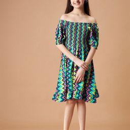 Cherry & Jerry Floral Print Off-Shoulder Crepe A-Line Dress-image-24