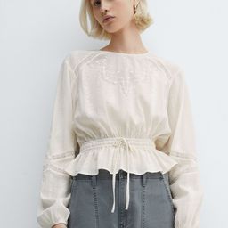 MANGO Puff Sleeves Lace Inserted Cinched Waist Top-30