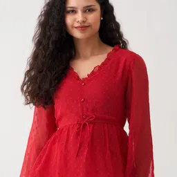 AASK Self Design Puff Sleeves V-Neck Cinched Waist Top-image-58