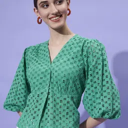 Athena V-Neck Puff Sleeves Schiffli Empire Top-picture-22