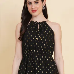 RAASSIO Polka Dot Printed Tie-Up Neck Georgette Cinched Waist Top-image-46