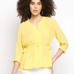 Pepe Jeans Yellow Mandarin Collar Cinched Waist Top-image-1