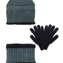 Gajraj Unisex Set Of 3 Grey & Black Beanie Neck Warmer Scarf and Woolen Gloves-7