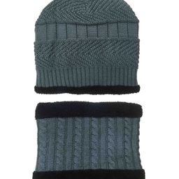 Gajraj Unisex Grey & Black Knitted Fur Lined Beanie & Neck Scarf Set-59