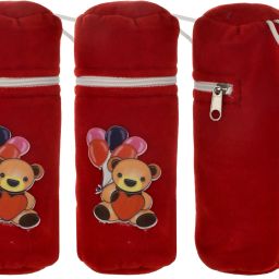 Cartoon Printed Soft Velvet Stretchable Baby Feeding Bottle Cover With Easy to Hold Strap, Pack of 3 (Red)-image-4