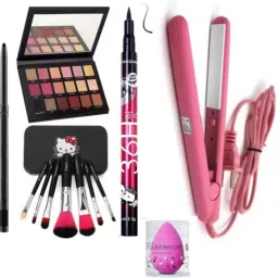 Rosegold eyeshadow,straightener,smudge kajal, 36H waterproof kajal, brush , puff-image-10