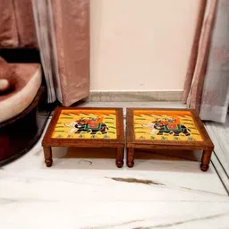 apka mart Brown 2 Pieces Wooden Pooja Chowki-image-11