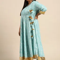RANGMAYEE Blue & White Floral Liva Ethnic Gotta Patti Foil Printed Angrakha Maxi Dress-picture-31
